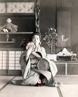 Kimino Prints: c. 1880s Japan - geisha playing a drum