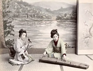 Koto Prints: c. 1880s Japan - geishas with musical instrments