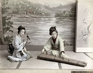 Koto Prints: c. 1880s Japan - geishas playing musical instruments