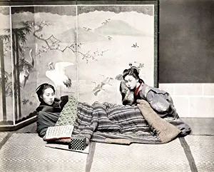 Geisha Prints: c. 1880s Japan - girls reading under blanket