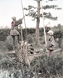 Meiji Prints: c. 1880s Japan - irrigation by water wheel treadmill