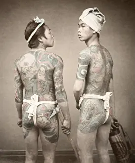 Tattoos Prints: c. 1880s Japan - Japanese firemen ornate tattoos tattooing