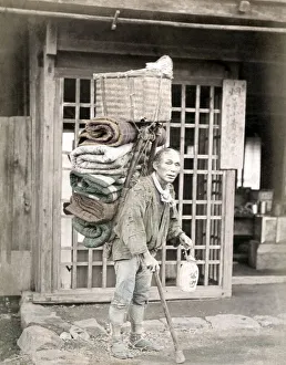 Blankets Prints: c. 1880s Japan - porter for pilgrims up Mount Fuji