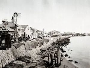 Wires Prints: c. 1880s Japan - putting up telegraph poles and wires along Kobe bund