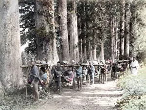 Meiji Prints: c. 1880s Japan - train of sedan chairs on a rual road