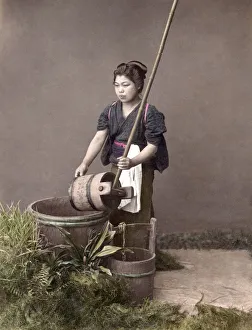 Kimino Prints: c. 1880s Japan - young woman filling a bucket