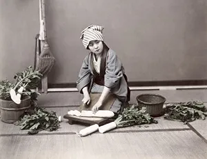 c. 1880s Japan - young woman preparing vegetables