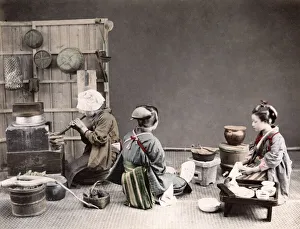 Kimino Prints: c. 1880s Japan - young women cooking a meal