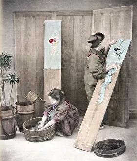 Kimino Prints: c. 1880s Japan - young women doing washing
