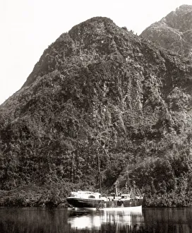 Otago Prints: c. 1890 New Zealand - boat at Wet Jacket Arm, Otago Sound