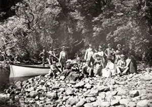 Picnic Prints: c. 1890 New Zealand - tourist group with boat at George Sound