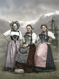 c. 1890 Switzerland young Swiss women in traditional dress