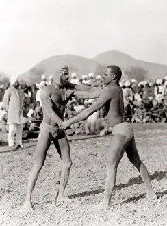 Wrestlers Prints: c. 1890s India - wrestlers taking part in a fighting bout
