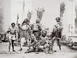 c. 1890s - tribal dancers in costume, drums and spears