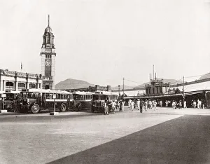 Terminus Prints: c. 1930 Hong Kong - clock tower and bus terminus