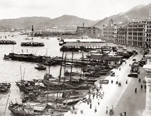 Waterfront Prints: c. 1930 - waterfront Hong Kong with boats in the harbour