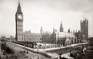 Perdestrian Prints: c1880 England view of London Big Ben Parliament Westminster