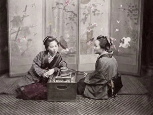 Meiji Gallery: c.1880s Japan - geishas with a kettle and stove