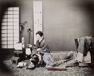 Meiji Gallery: c.1880s Japan - two geishas, studio scene, shamisen and tea set