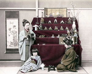 c.1880s Japan - girls with display stand for statues