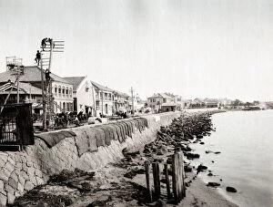 c.1880's Japan - putting up telegraph poles and wires along Kobe bund