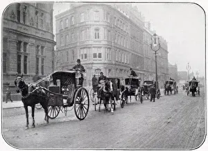 Mixture Prints: A cab rank in central London - a mixture of hansoms (two- wheelers) and victorias (four- wheelers)