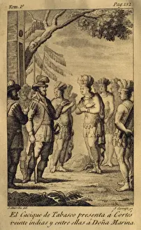 The cacique of Tabasco presents to Hernan Cortes twenty Indi