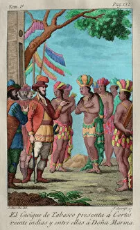Conqueror Gallery: The cacique of Tabasco presents to Hernan Cortes twenty Indi