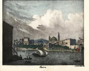 Dhow Prints: Cairo, Egypt, with a dhow on the water, camels and mosque