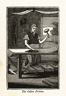 Workplace Prints: Calico-printer printing fabric with a woodblock in an atelier
