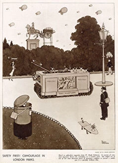 Defend Collection: Camouflaged civilians, home guards and dogs in a London park hiding from the enemy above. Date: 1941