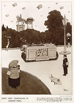 Homefront Prints: Camouflaged civilians, home guards and dogs in a London park hiding from the enemy above
