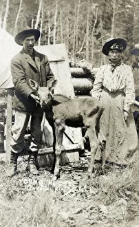 Montreal Gallery: Canada - Montreal River - Indian couple with young moose. Date: circa 1908