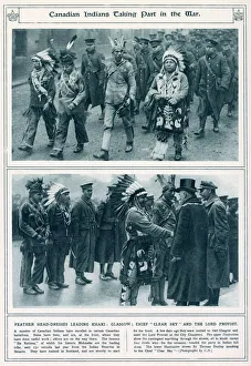 Canadian Indians in traditional dress taking part in the war. Date: 1916 Canadian Indians in traditional dress taking part in the war. Date: 1916