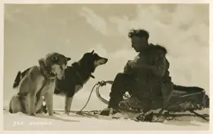 Husky Prints: Canadian man sitting on his sled with his two huskies