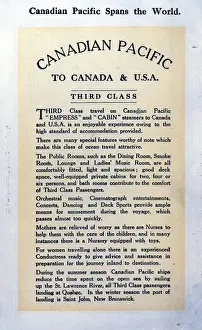 Canadian Pacific to Canada and USA, Third Class