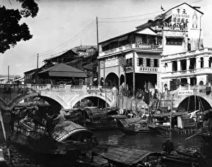 Guangzhou Prints: Canal and Bridge, Canton, China, c. 1910