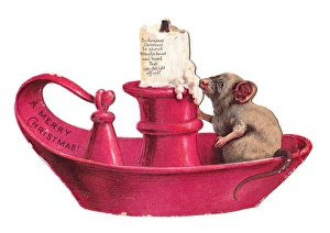 Victorian and Edwardian Christmas Cards Gallery: Candle holder and mouse on a cutout Christmas card