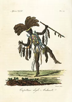 Captain of the Ashanti in war dress of feathers