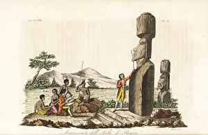Statues Prints: Captain James Cook examining the Moai statues