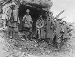 Bunker Prints: Captured German officers outside concrete bunker, WW1