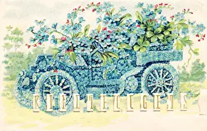 Forgetmenot Prints: Car full of blue flowers on a greetings postcard