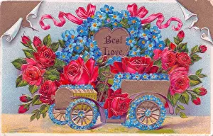 Forgetmenot Prints: Car full of red and blue flowers on a greetings postcard