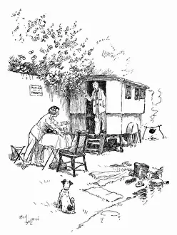 Caravanning scene with couple and dog