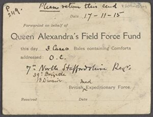 Card sent with comforts by Queen Alexandas Field Force Fund