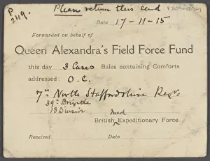 Card sent with comforts by Queen Alexandas Field Force Fund