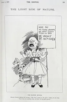 Placard Prints: Caricature of crying baby holding a placard, by Phil May
