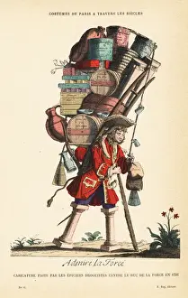 Monopoly Prints: Caricature of the Duke de la Force laden with boxes, 1721
