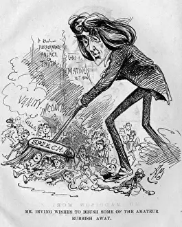 Caricature of Henry Irving sweeping amateurs away
