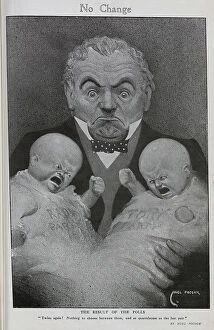 Radical Collection: Caricature illustration of bewildered man holding twin political babies Radical and Tory